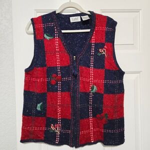 Tabi International Women Plaid Embroider Knit Vest Full Zip Fair Isle Inspired M